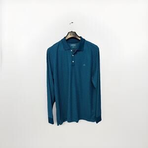 Crown & Ivy™ Men's Green Blue Striped Long Sleeve‎ Performance Polo Shirt Large